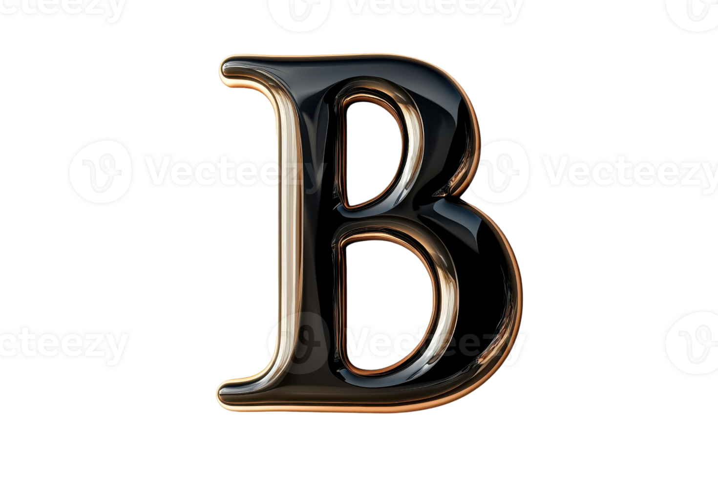 3D glossy black letter B with silver edges on a transparent background, perfect for design projects, branding, or typography work. png