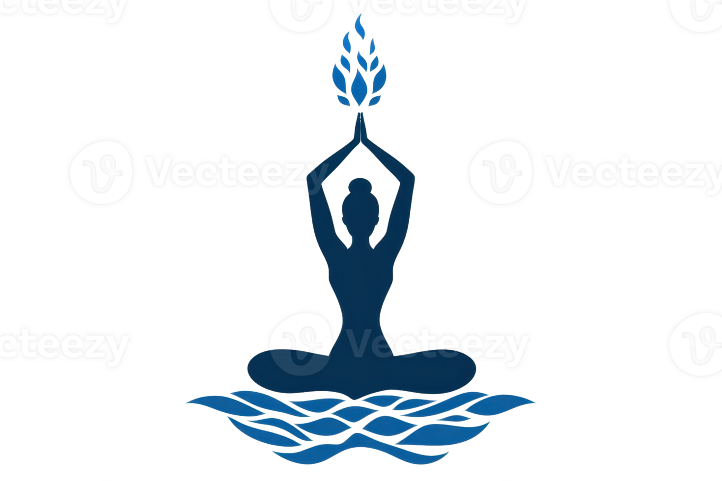 A stylized figure in a seated yoga pose, holding a flame above its head, symbolizing tranquility and inner peace. png