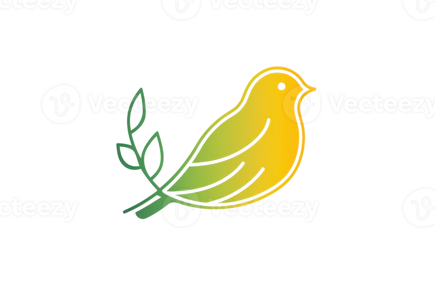 A stylized yellow bird perched on a green branch with leaves. png
