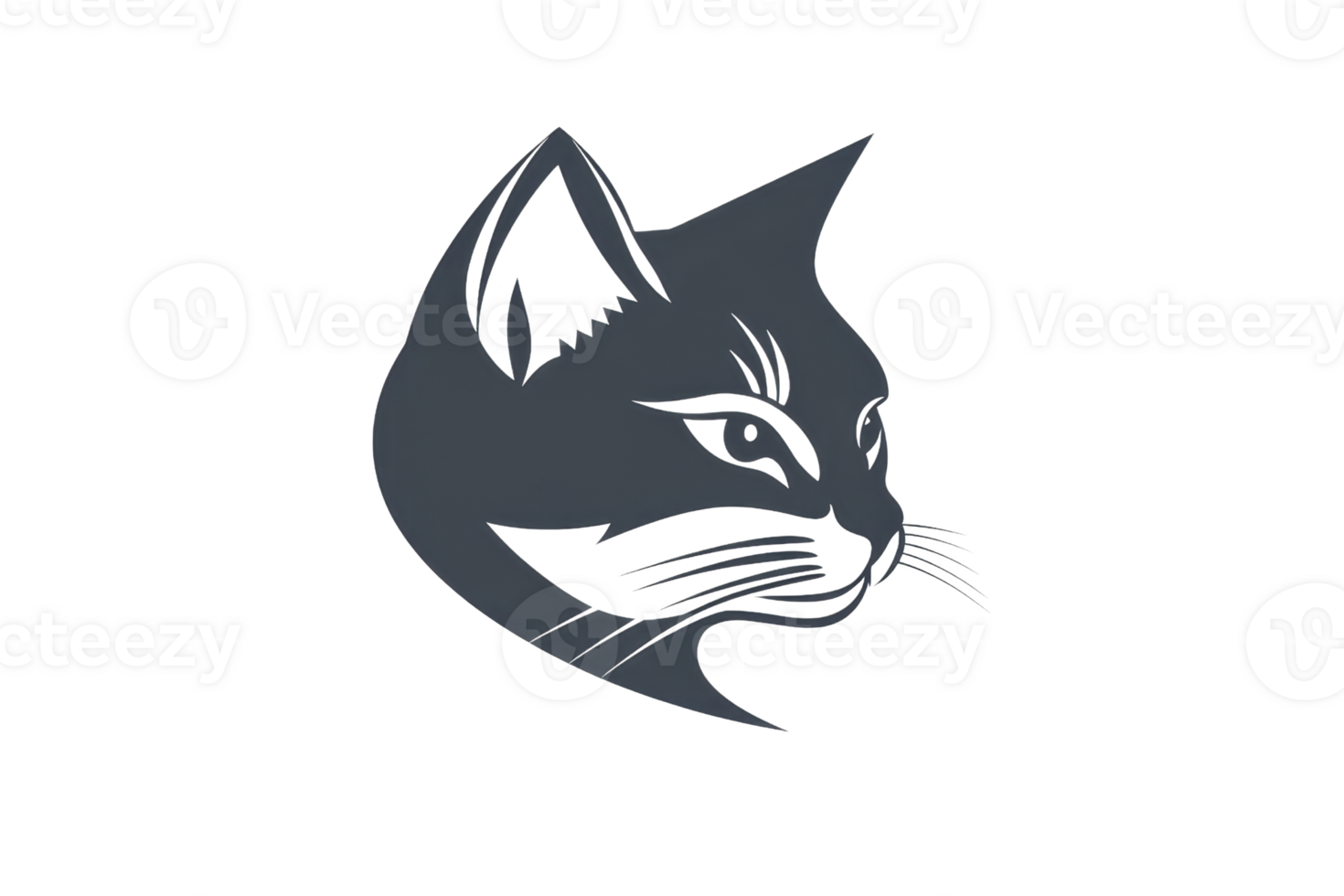 A sleek silhouette of a cat's face, showcasing prominent features like its ears, eyes, and whiskers. png