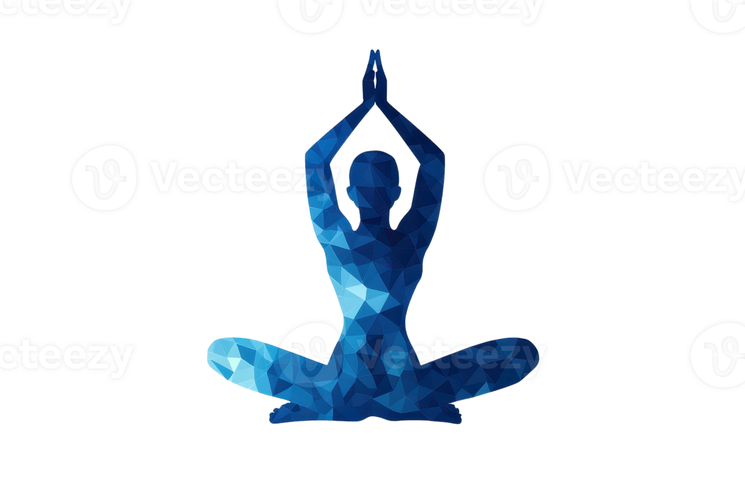 A stylized figure sitting in a meditative pose, hands raised above the head, depicted in shades of blue. png