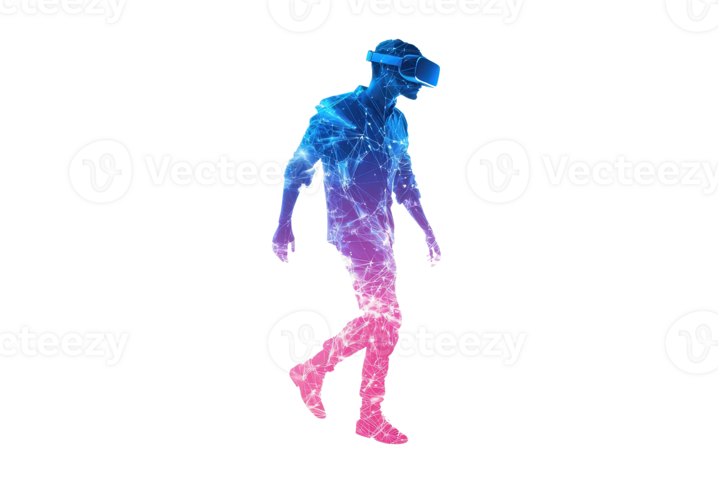 A person wearing a virtual reality headset walks, immersed in a colorful visual effect, embodying the fusion of technology and human experience. png