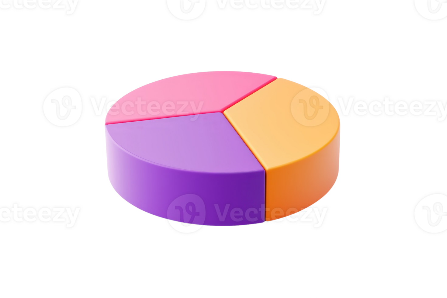A 3D pie chart comprised of three distinct segments purple, pink, and orange, representing data divisions visually. png