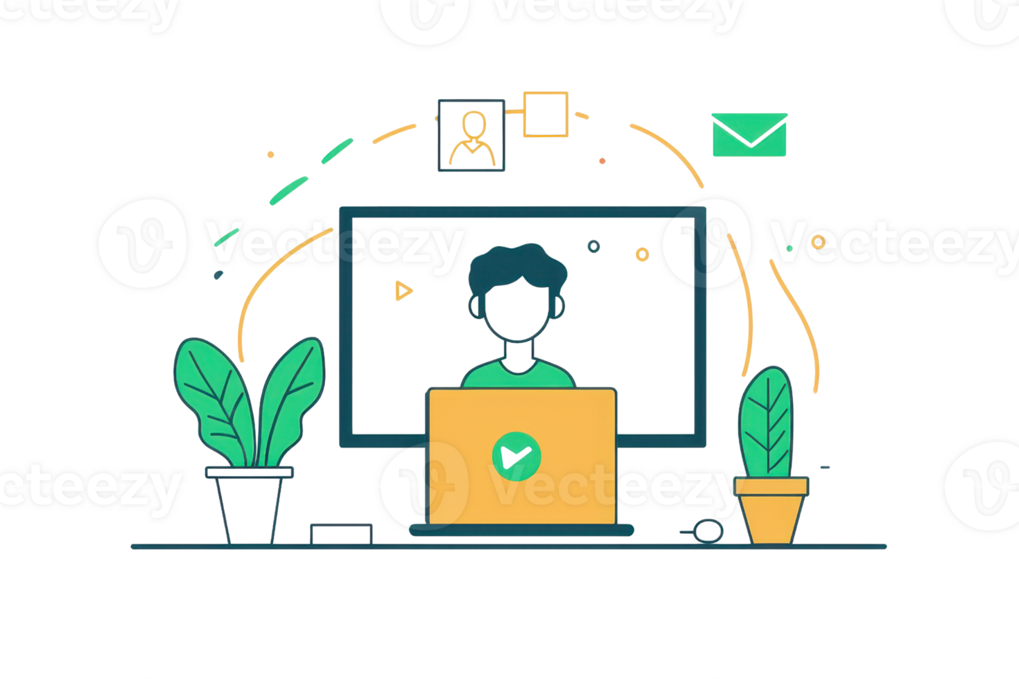 A person works on a laptop surrounded by plants, engaging with digital elements on a screen. png