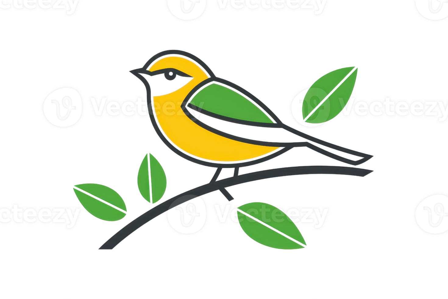 A colorful bird perched on a branch, showcasing vibrant yellow and green feathers with leaves surrounding it. png
