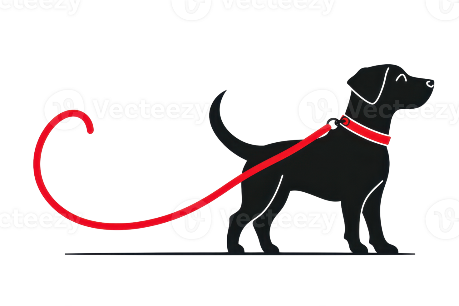 A silhouette of a black dog wearing a red collar and leash, standing upright with an alert posture. png