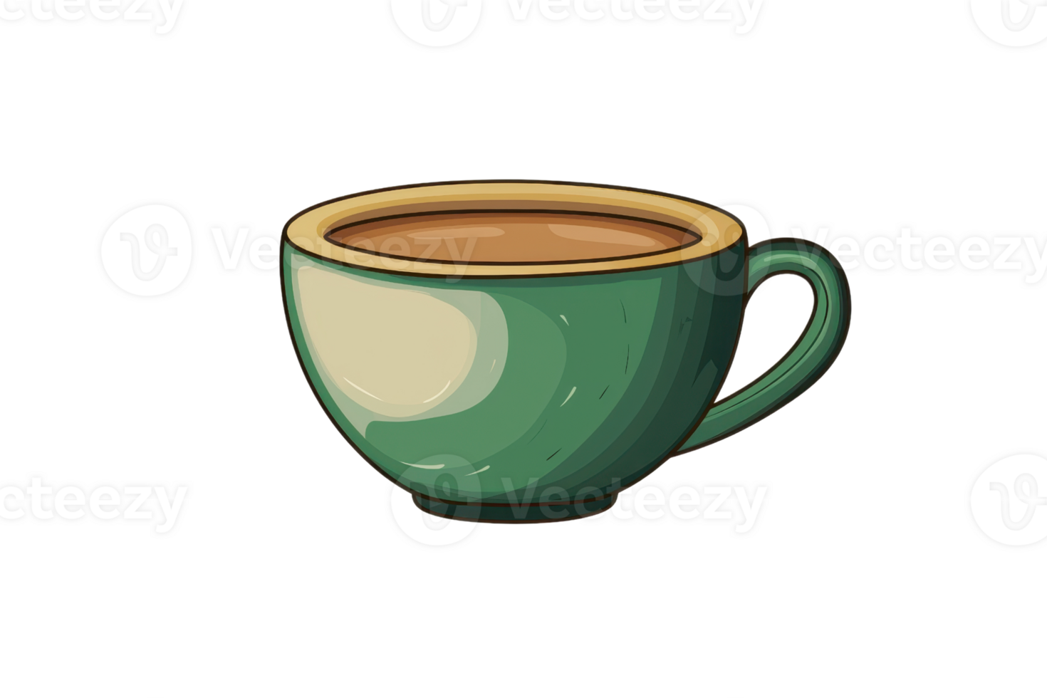 A green ceramic cup filled with brown liquid, designed with a smooth finish and accompanied by a rounded handle. png