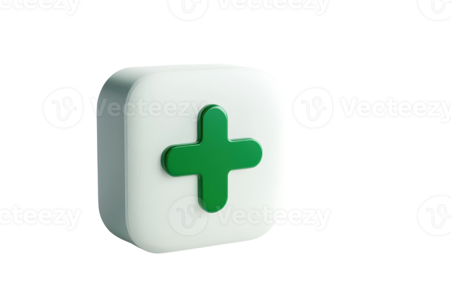 3D render of a green plus sign on a white rounded square background. Isolated on white, symbolizing health, medicine, and positivity. png