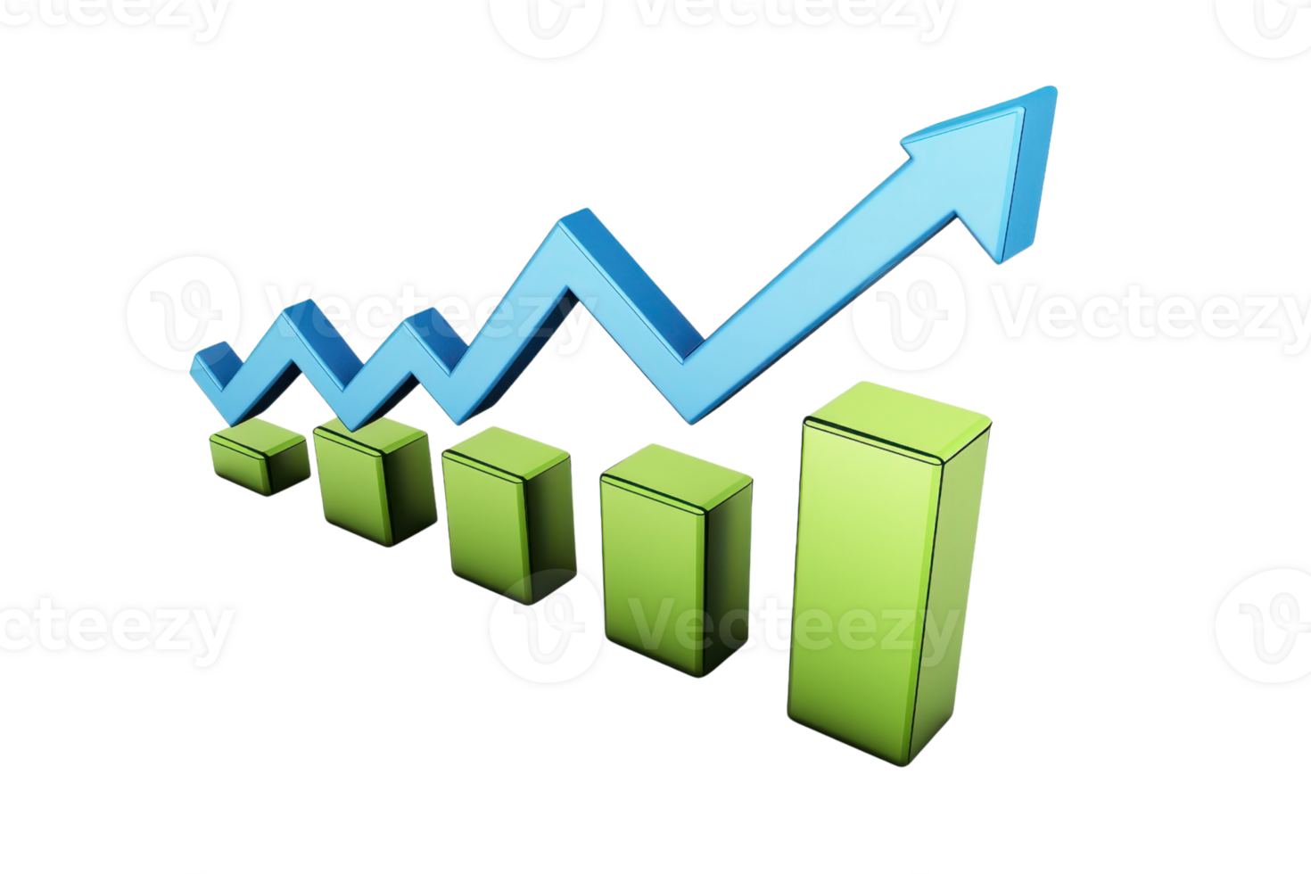 3D bar graph with rising arrow, symbolizing growth and success in business, finance, and analytics. png