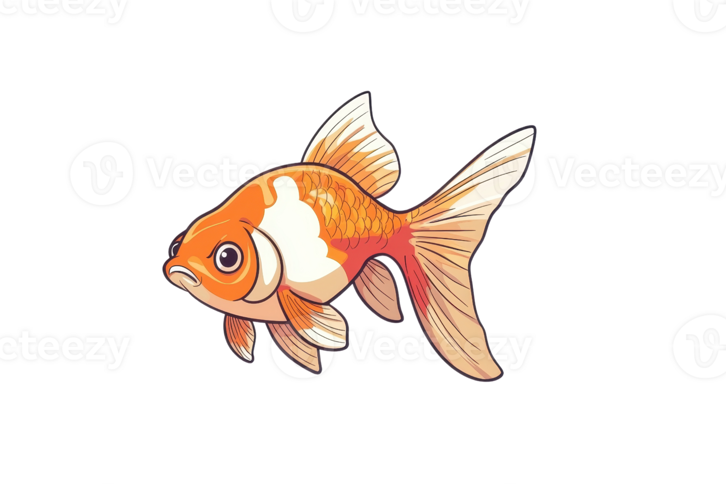 A colorful goldfish with distinct orange and white patterns, showcasing its fins and vibrant appearance. png