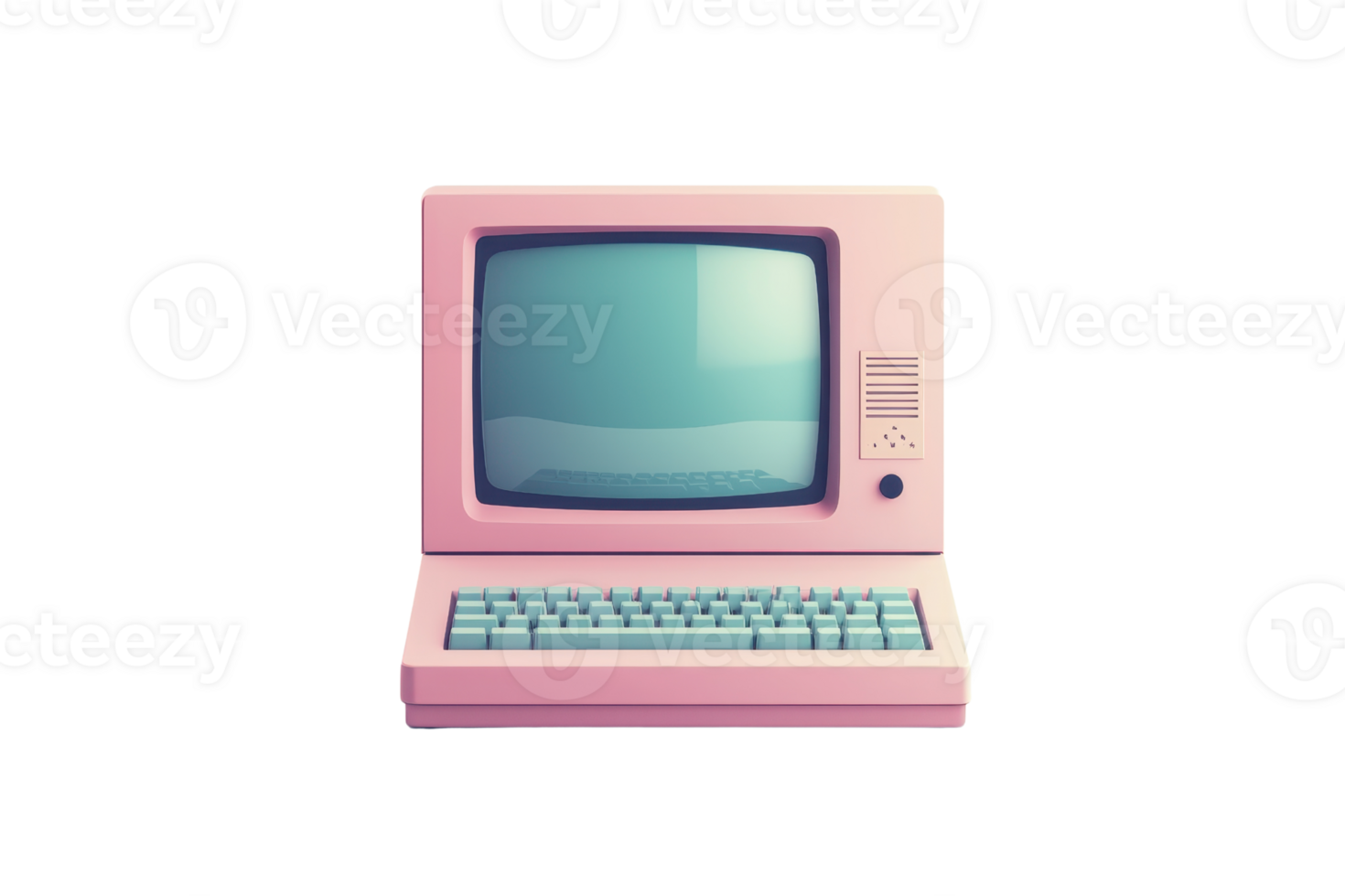 A retro pink desktop computer with a teal keyboard and a large screen. png