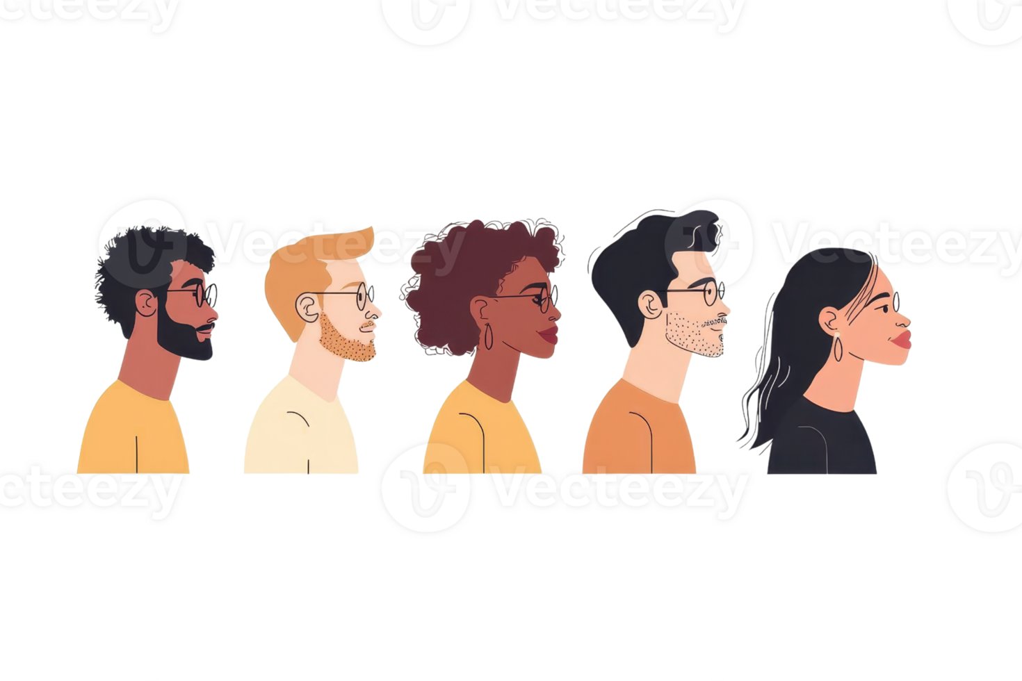 Five diverse illustrated profiles of people, showcasing varying hairstyles, skin tones, and expressions in a side view. png