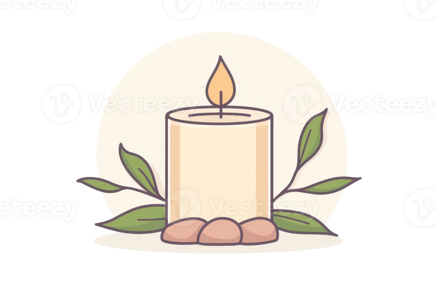 A simple candle surrounded by pebbles and leaves, radiating a warm and calming atmosphere. png