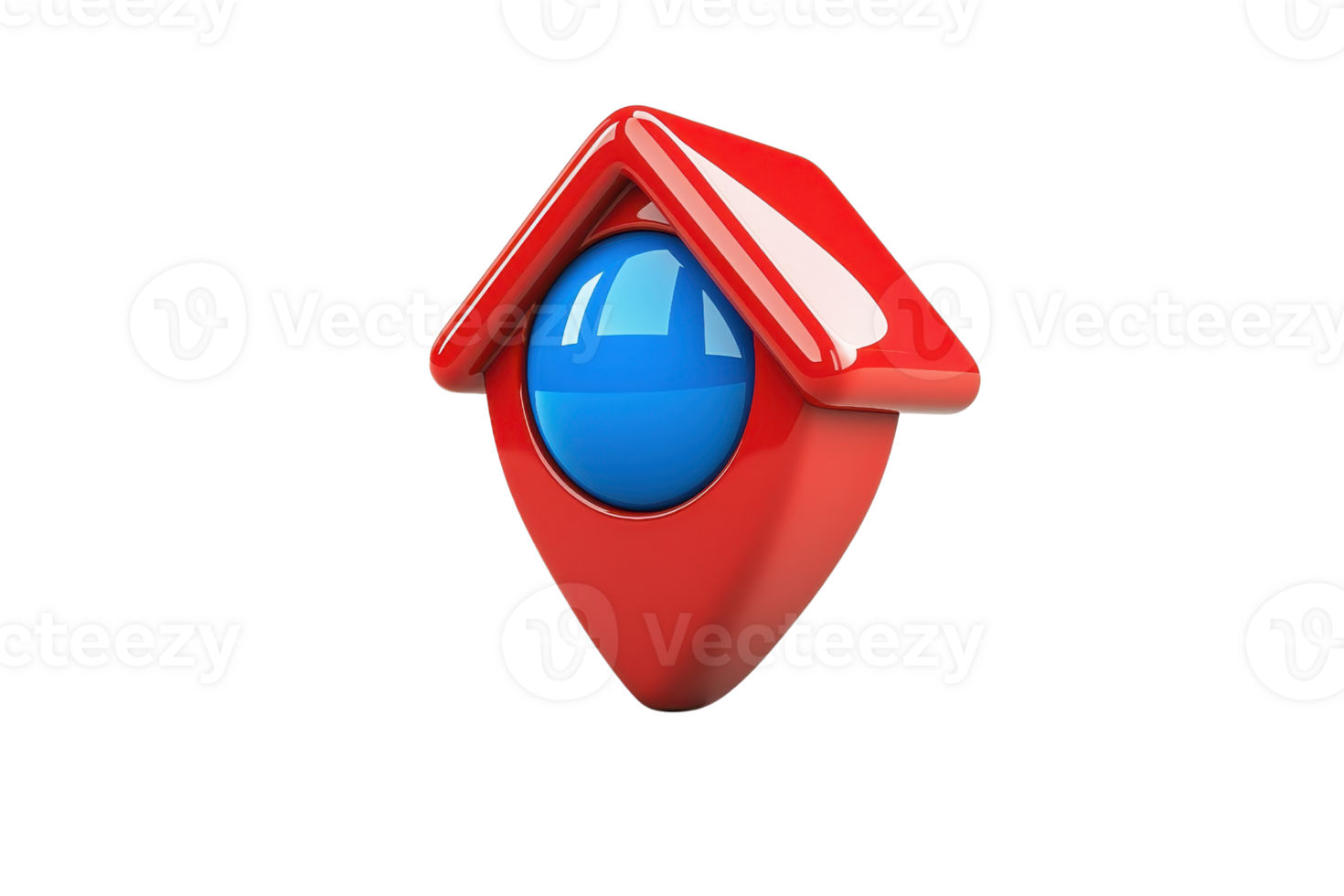 3D illustration of a red house-shaped location pin with a glossy blue center, symbolizing home or real estate navigation. png