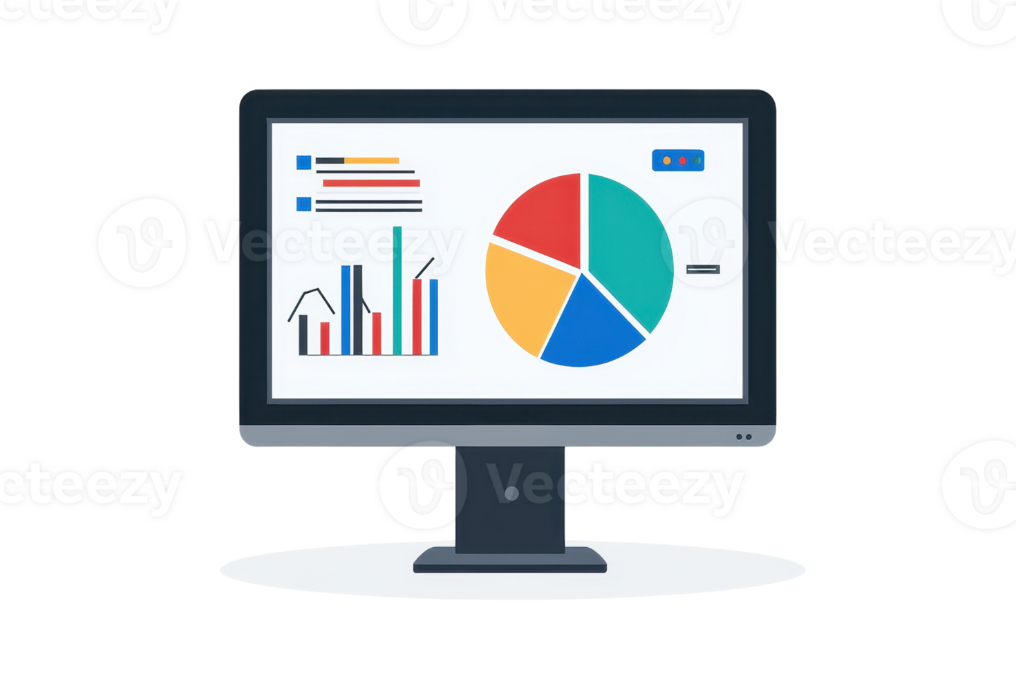 A digital monitor displaying colorful graphs and pie charts, representing data analysis and visualization. png