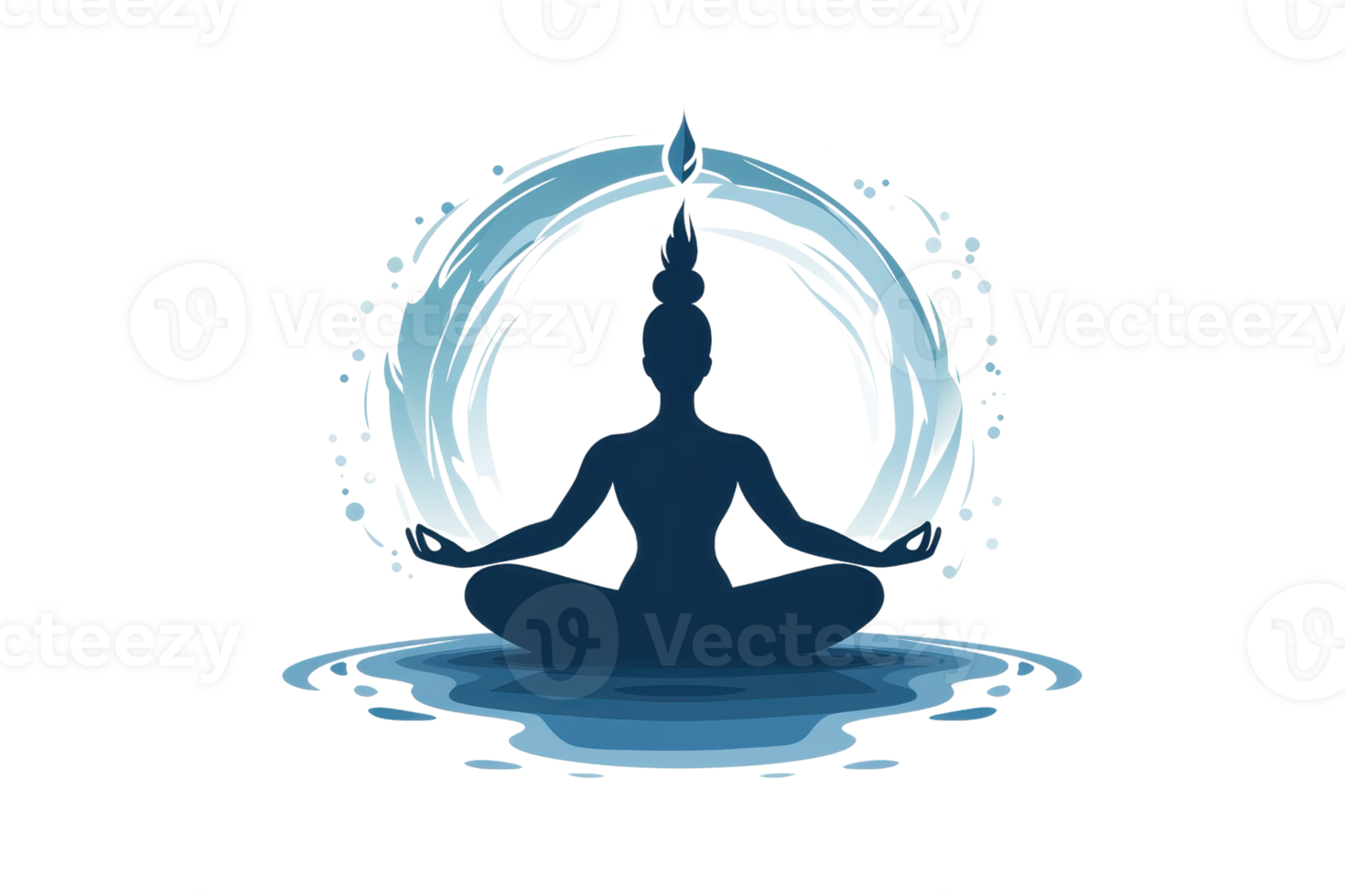 A serene silhouette of a meditating figure surrounded by flowing water and a circular design, representing tranquility and mindfulness. png