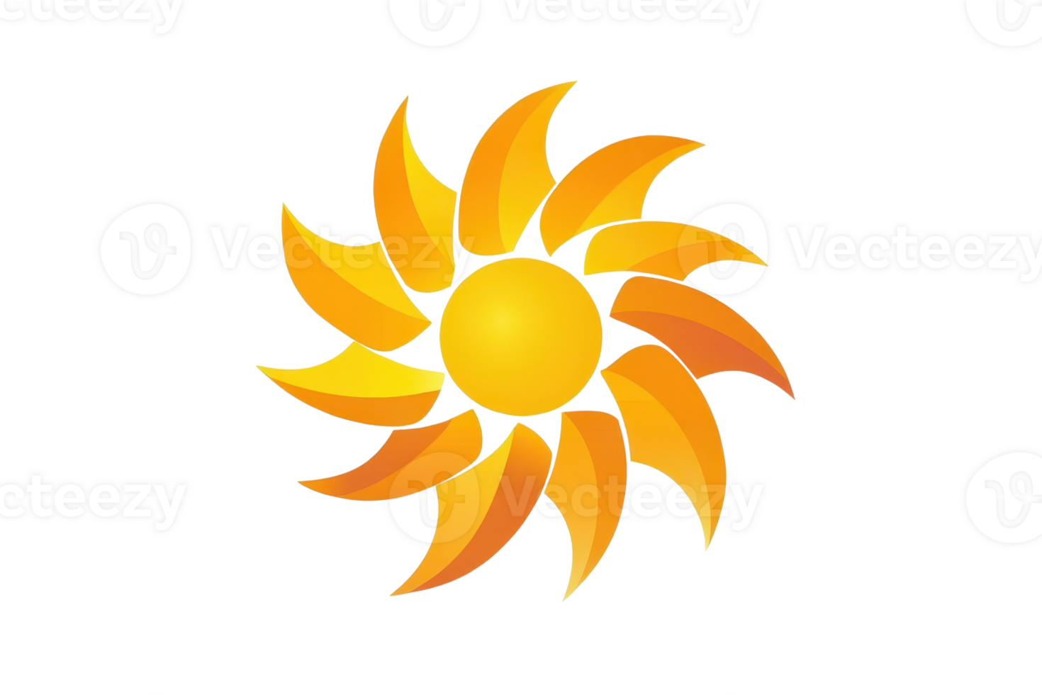 A vibrant sun design featuring a circular center with radiating, stylized rays in shades of yellow and orange. png