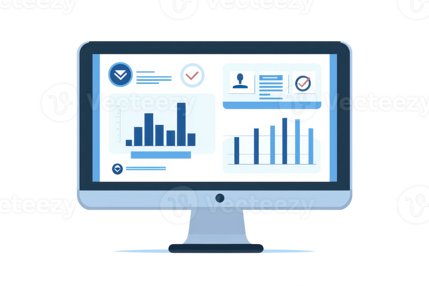 A modern computer monitor displaying various data charts and metrics. png