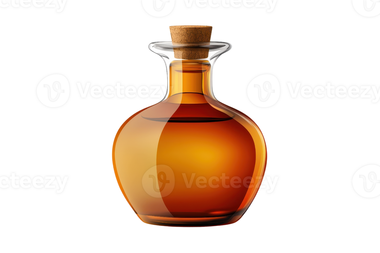 A sleek, curvaceous glass decanter filled with amber liquid, topped with a cork stopper, showcasing elegant design and rich color. png