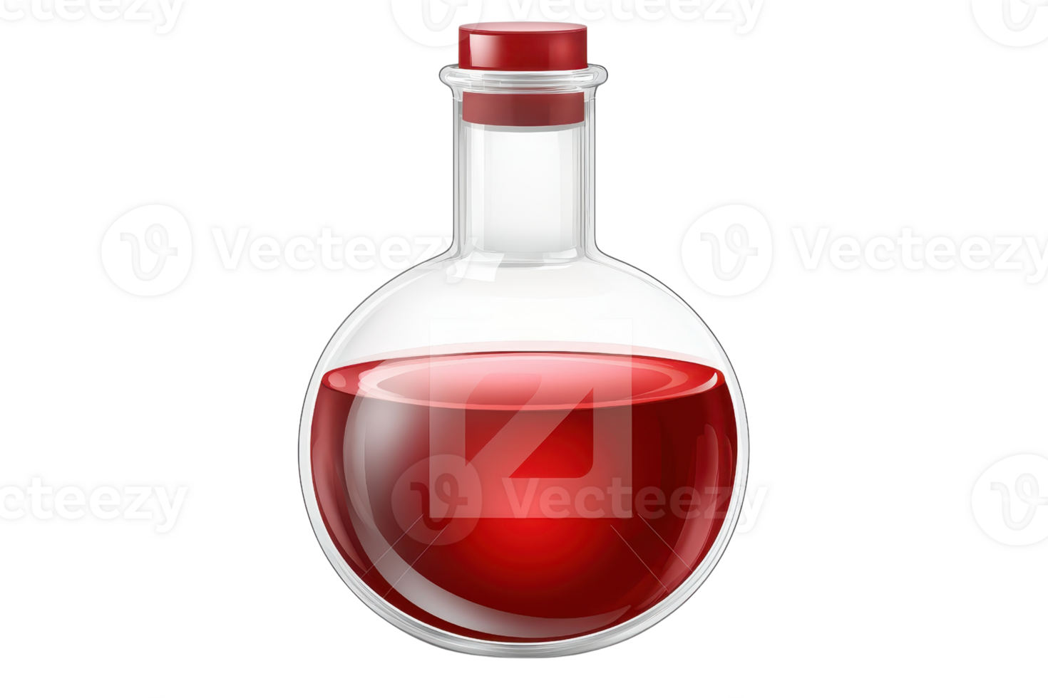 A clear round-bottom flask filled with a deep red liquid, symbolizing chemistry in the laboratory environment on a transparent background. png