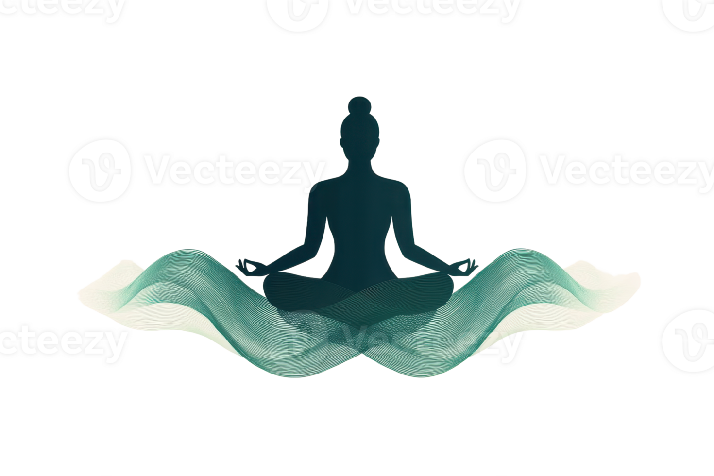 A meditative figure sits cross-legged, radiating calmness, surrounded by flowing, wave-like elements. png