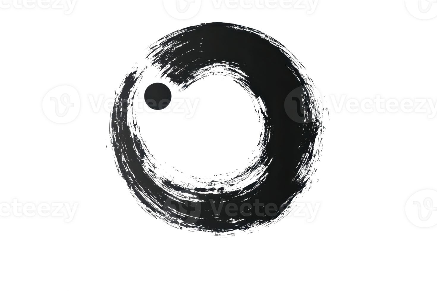 A circular brushstroke forming an incomplete loop, with a small dot inside, conveying simplicity and balance. png