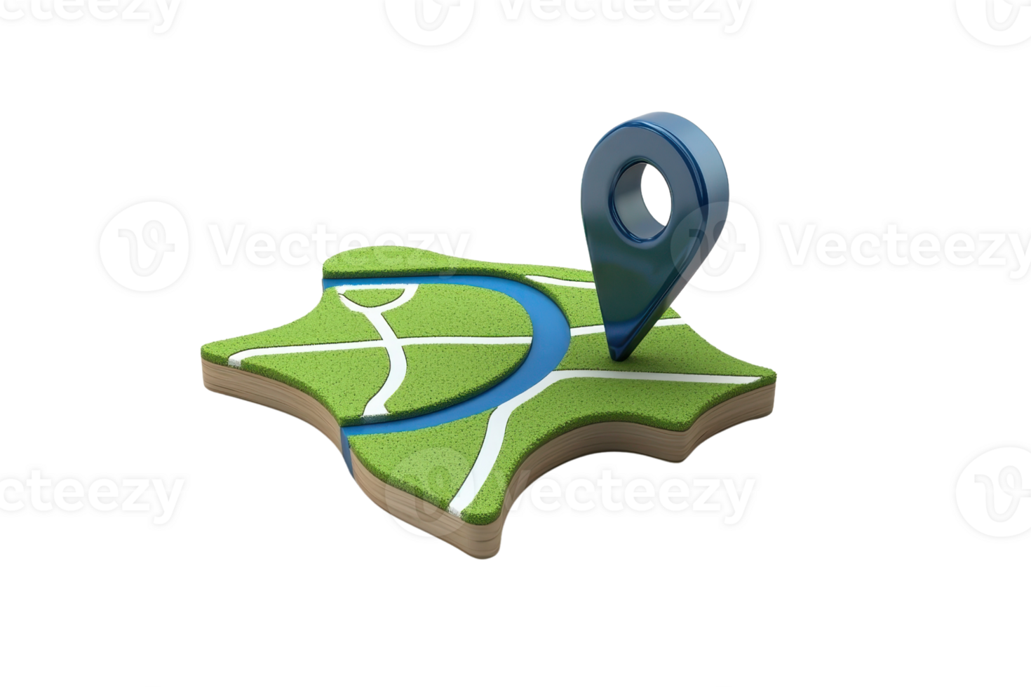 3D illustration of a map with a pin marker highlighting navigation and location concepts on a stylized surface. png