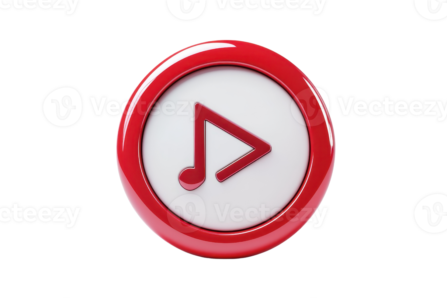 3D red music play button icon isolated on transparent background. Symbolizes audio, sound, or media control in digital interfaces and applications. png