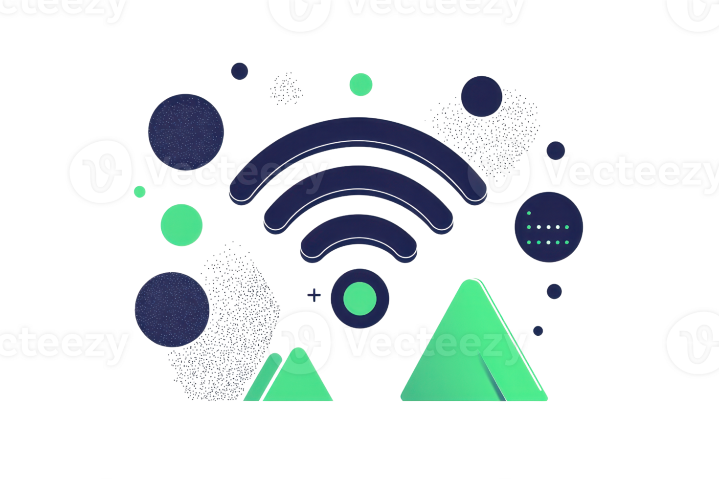 A stylized design featuring wireless signal waves, geometric shapes, and mountain-like forms in vibrant colors. png