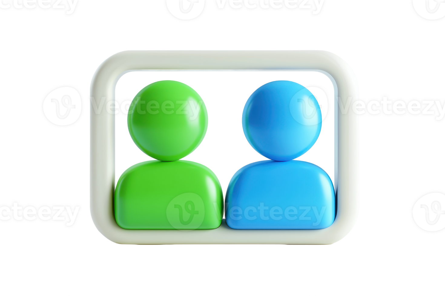 Two stylized figures in green and blue are framed, symbolizing connection and communication. png