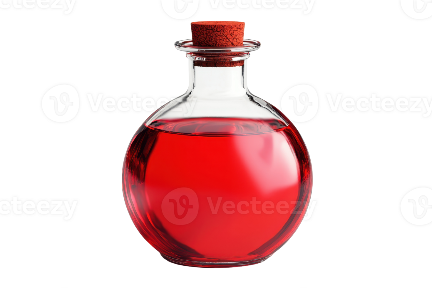 A clear glass bottle with a red liquid and cork stopper, isolated on transparent background. perfect for potion or chemical concepts. png