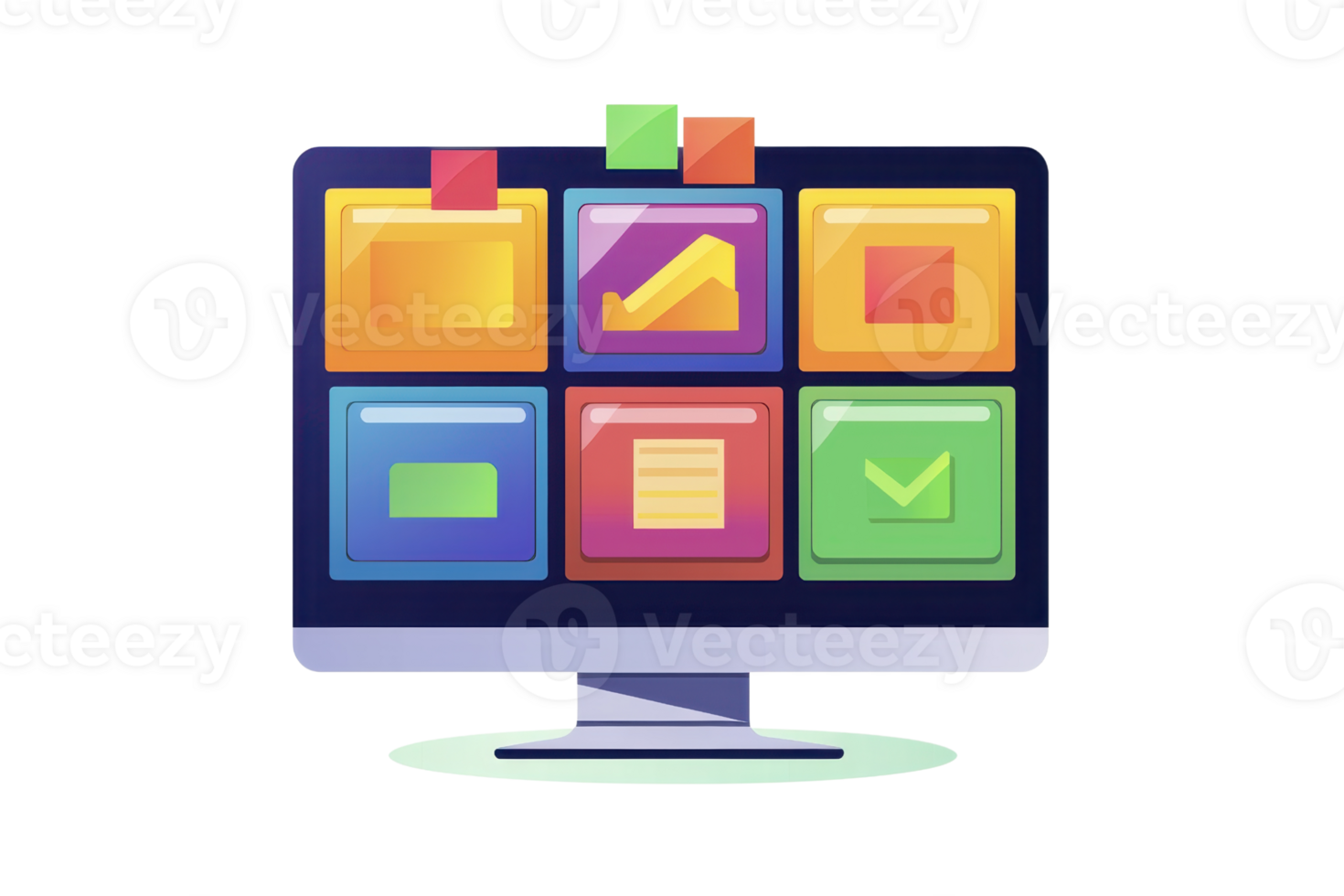 A computer monitor displaying colorful app icons arranged in a grid layout. png