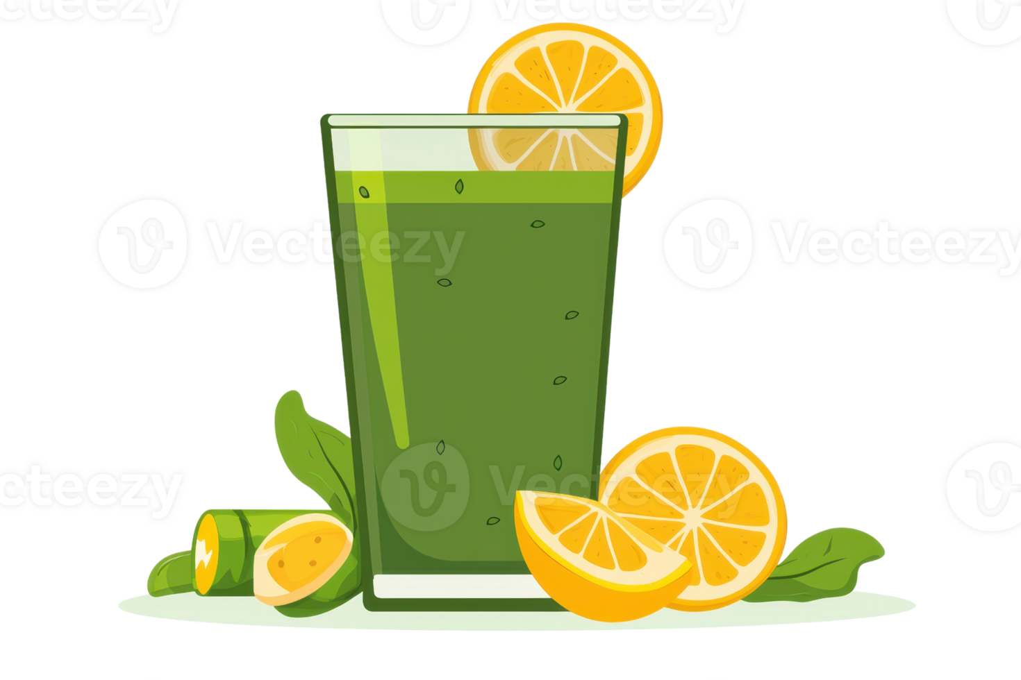 A refreshing green beverage garnished with lemon slices and cucumber, served in a tall glass on a plate. png