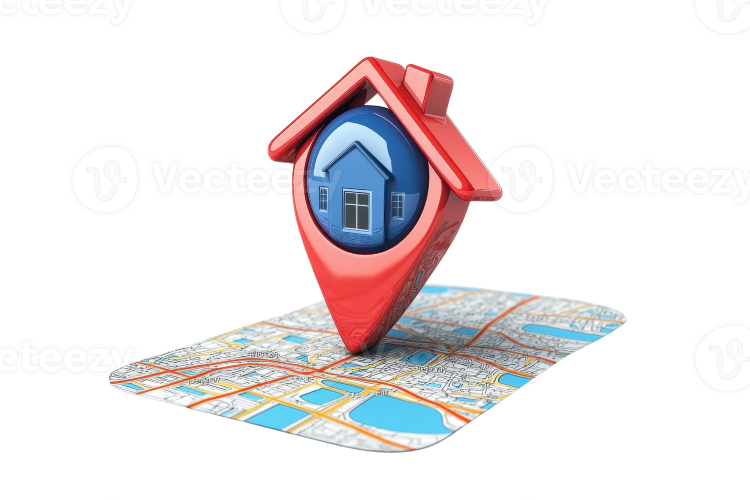 3D illustration of a house-shaped location marker on a map, symbolizing real estate, property search, or home navigation services. png