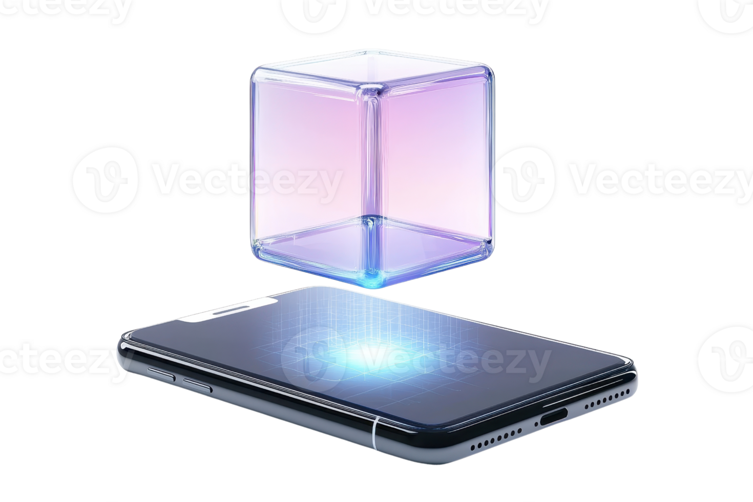 A sleek smartphone with a luminous interactive cube hovering above it, showcasing modern technology. png