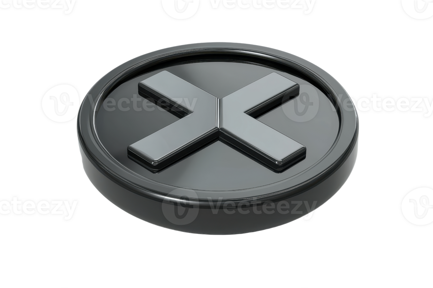 3D rendering of a glossy black circular button with an embossed metallic 'X' symbol, isolated on a transparent background. png