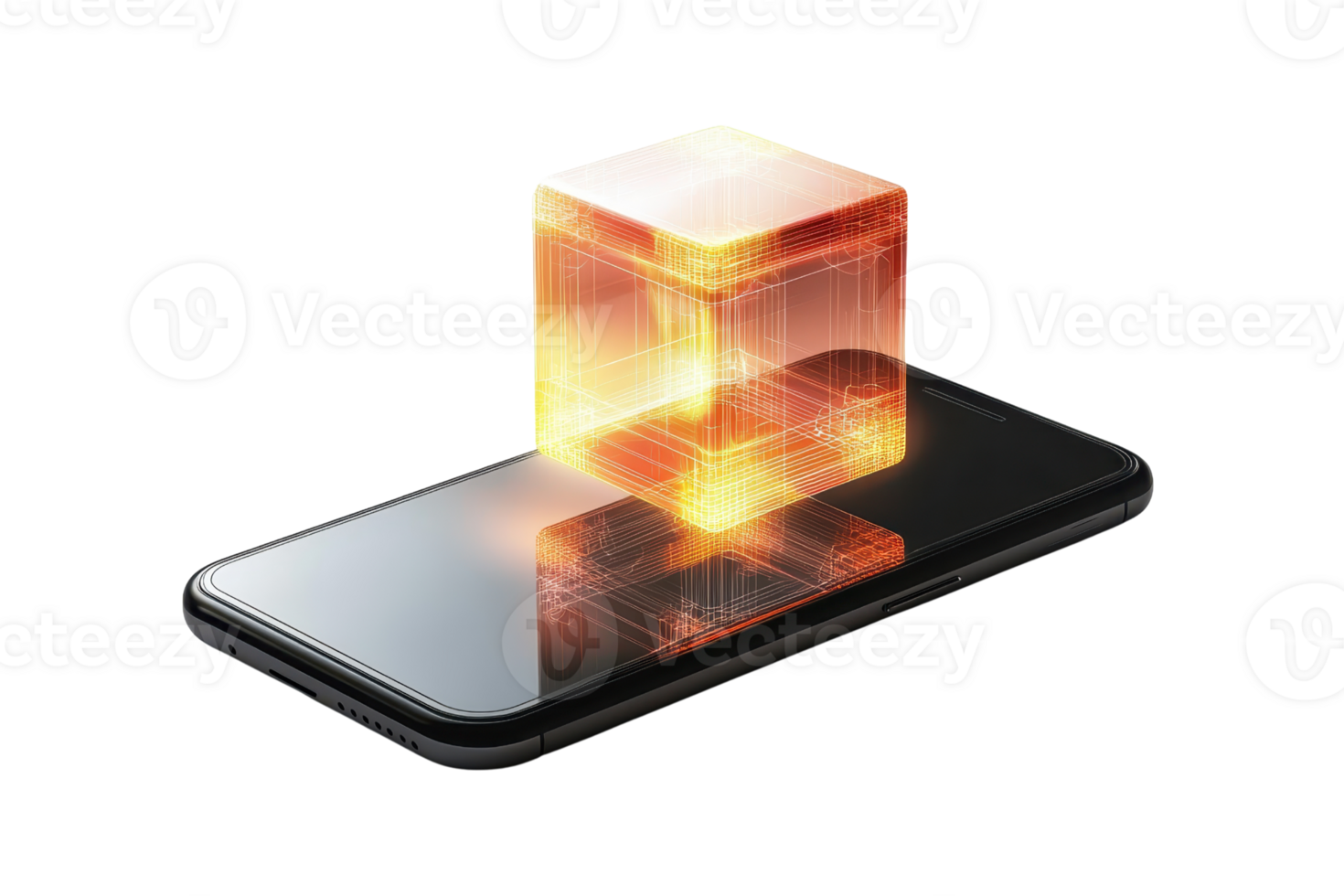 A glowing cube appears above a sleek smartphone, creating a luminous effect that highlights the device's surface. png