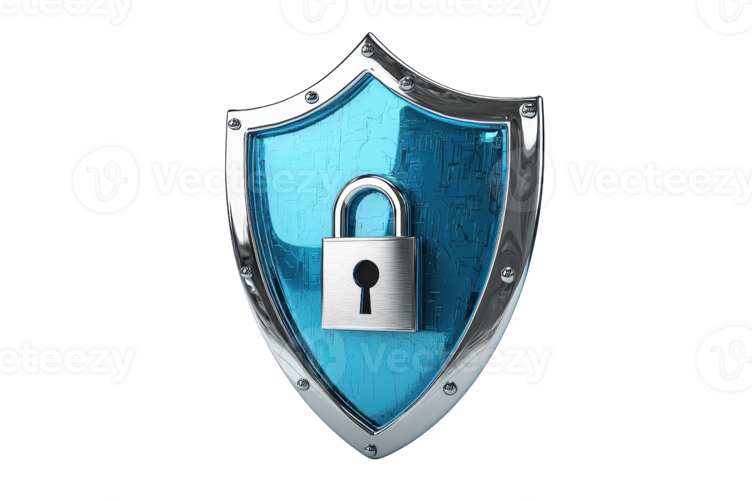 A blue shield with a silver lock representing strong security and protection. Ideal for concepts of safety, privacy, and cyber defense. png