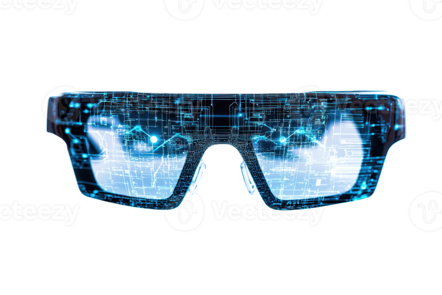 Futuristic digital glasses with glowing circuits display, showcasing advanced technology and augmented reality features. png