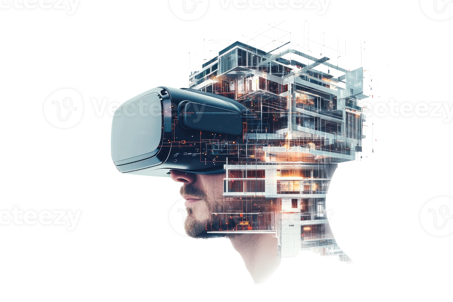 A man wearing a virtual reality headset with a digital architectural structure overlaid onto his silhouette. png