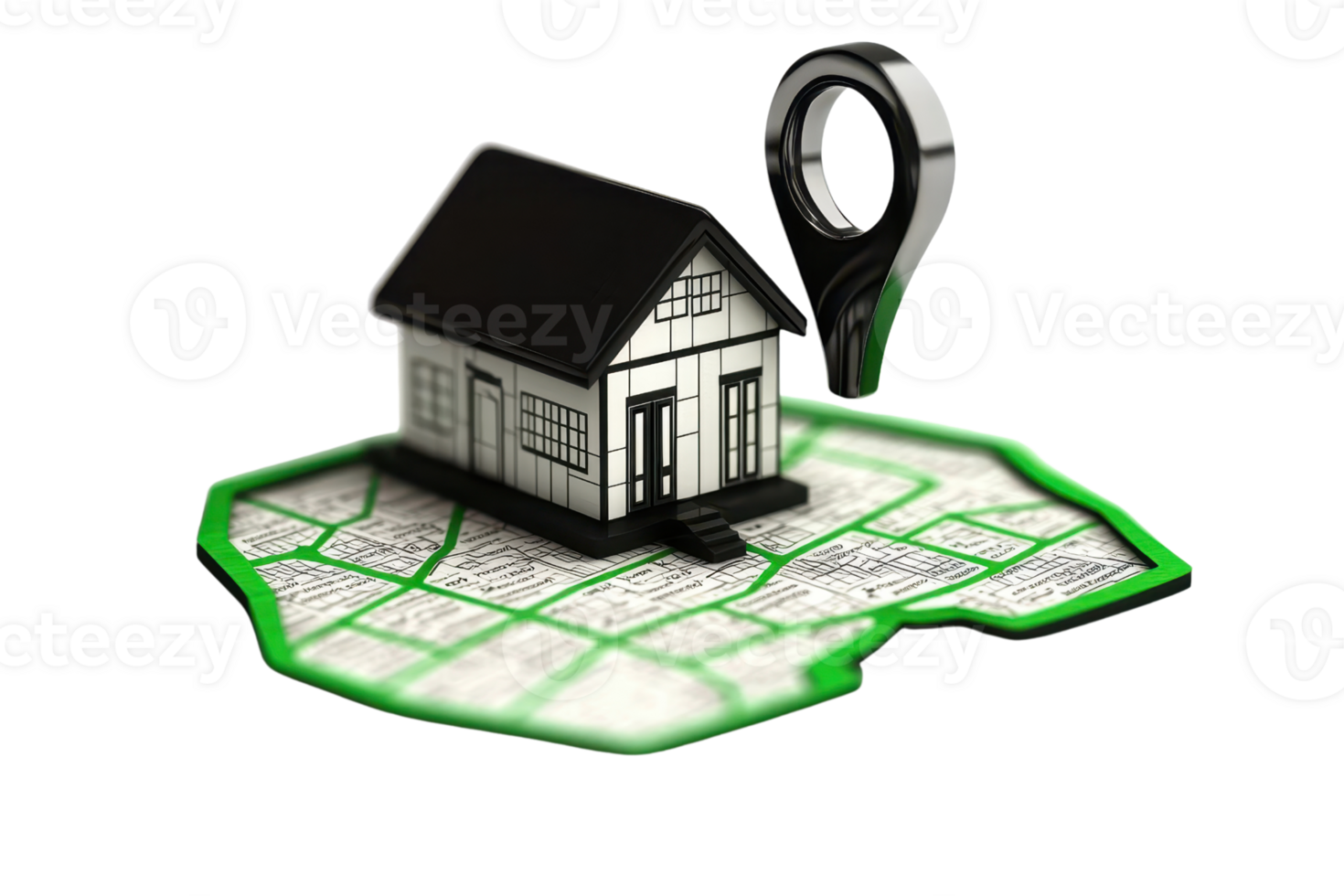 3D illustration of a house on a map with a location pin, symbolizing real estate and navigation concepts. png