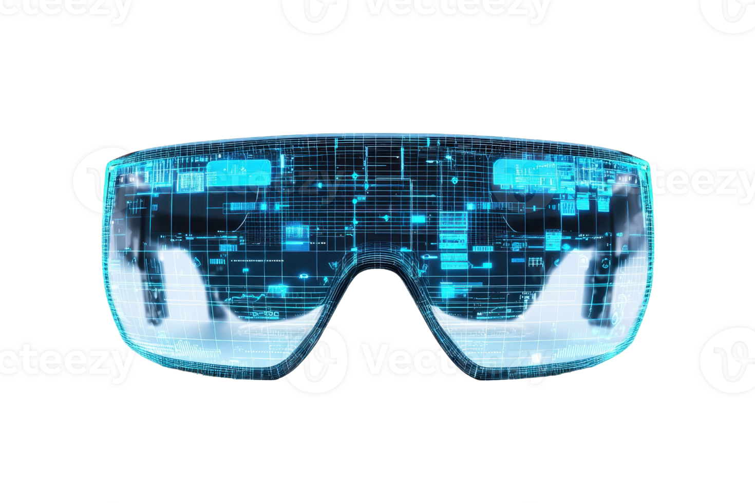Futuristic glasses with a glowing digital interface showcasing a network of blue circuitry and data patterns. png