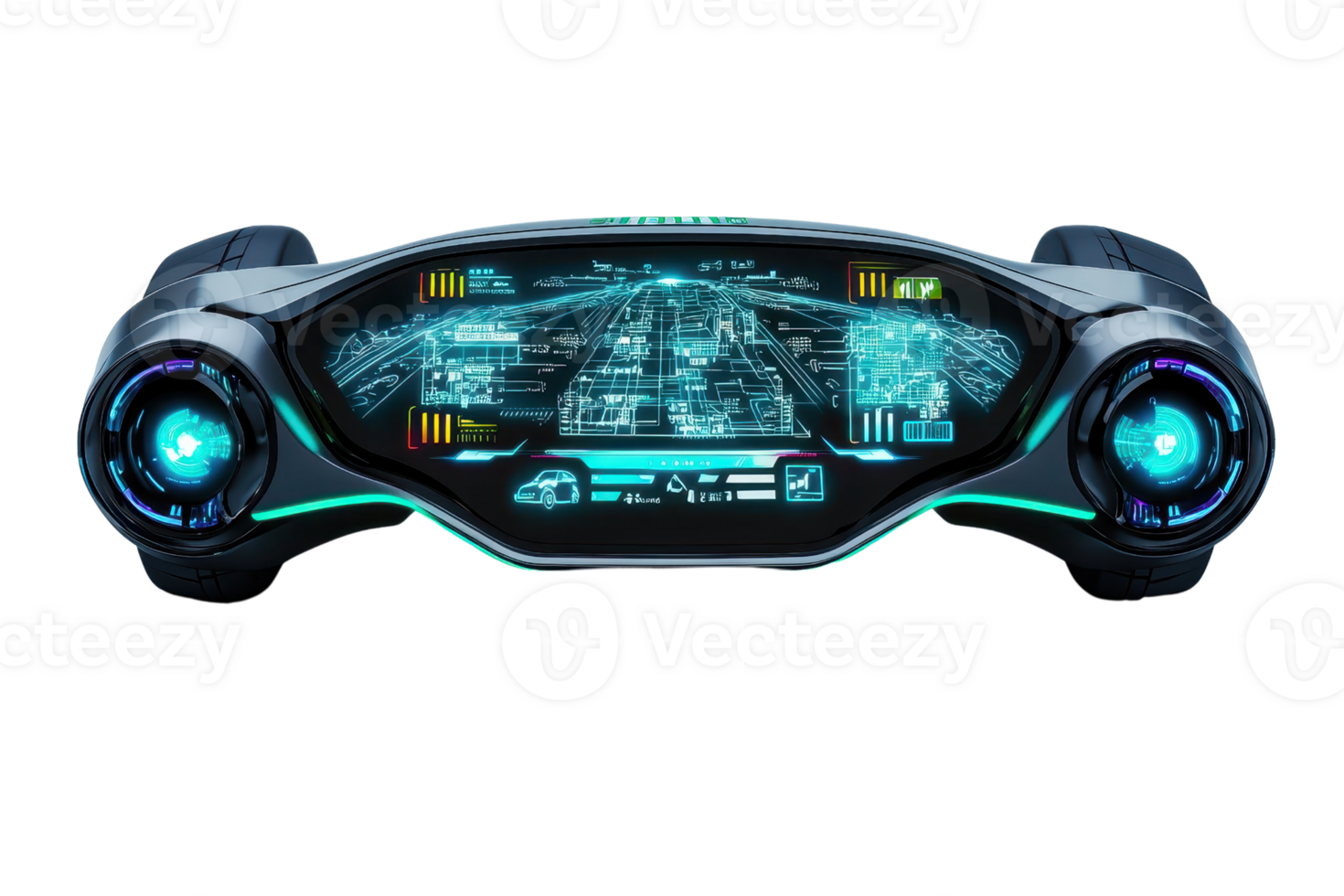 A futuristic dashboard display featuring holographic elements, vibrant lights, and high-tech interfaces that convey data and navigation information. png