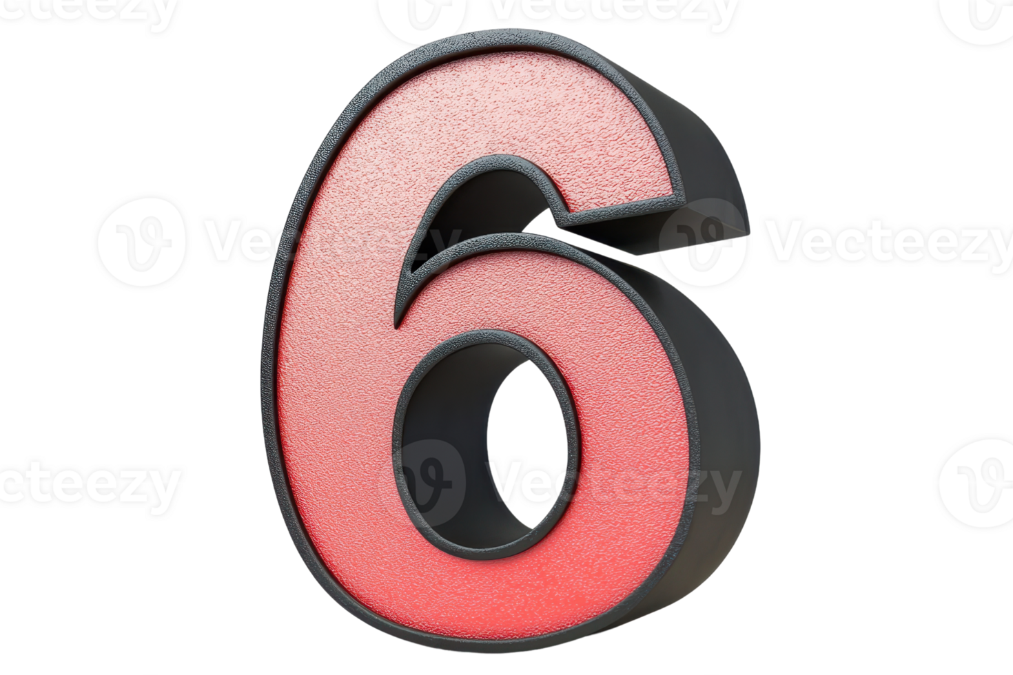 3D illustration of the number six in vibrant red color with a black border, isolated on a transparent background. perfect for numeral designs. png