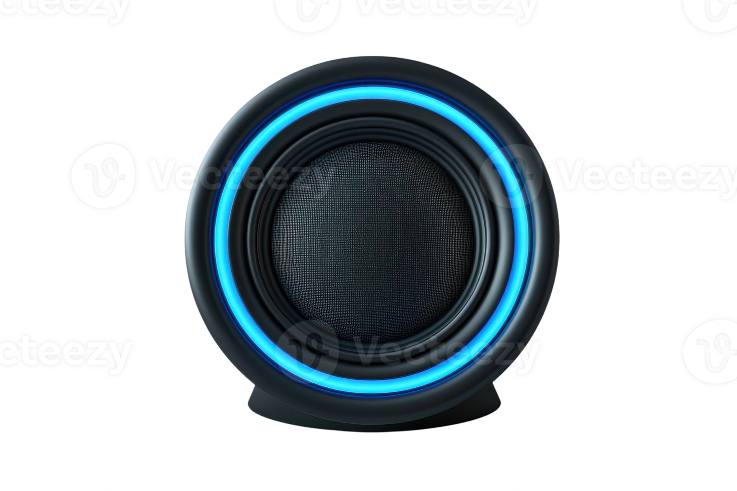 A modern speaker with a circular design and illuminated blue ring, showcasing its sleek and stylish construction. png