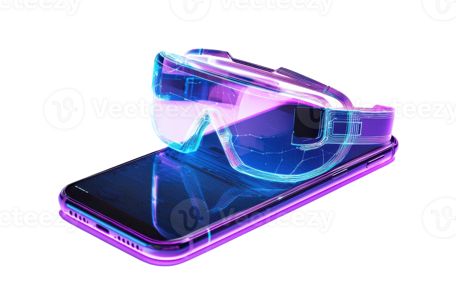 Futuristic glasses display vibrant colors, resting atop a sleek smartphone, merging technology and style. png