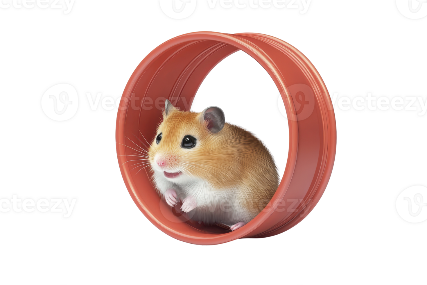 A small, lively hamster perched inside a circular toy, showcasing its vibrant fur and curious expression. png