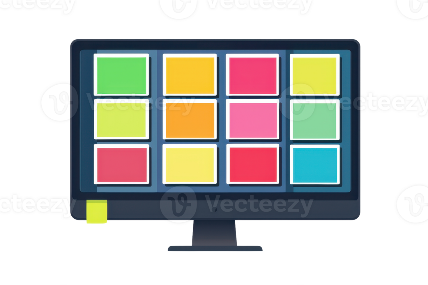 A computer monitor displaying a grid of colorful squares arranged in a vibrant pattern. png