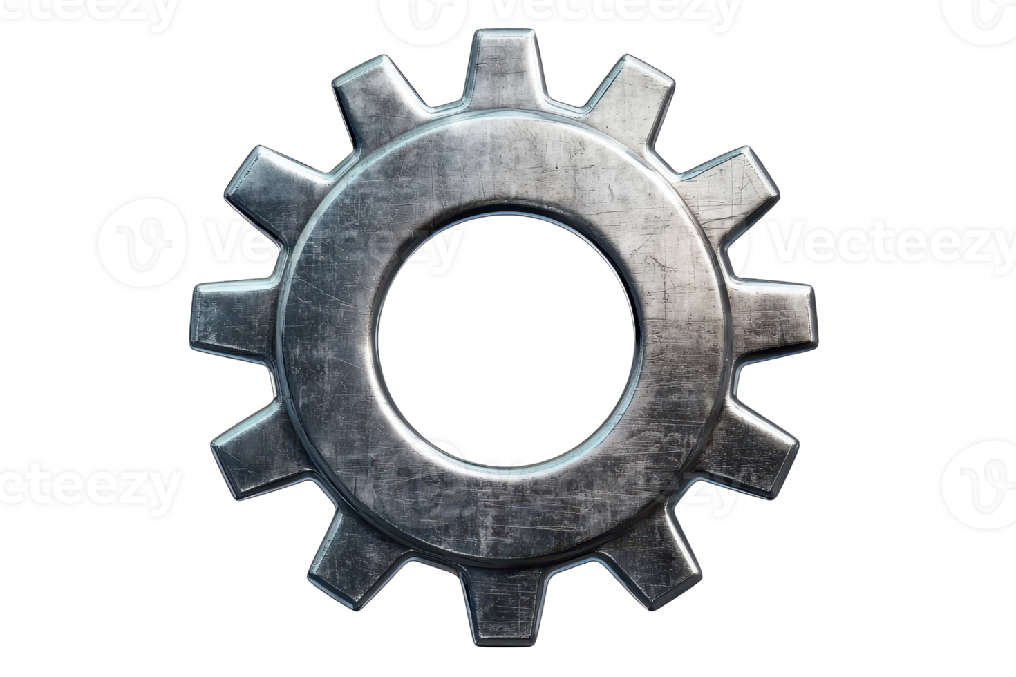 A metallic gear with an industrial design featuring distinct teeth and a central hole, embodying mechanical functionality. png