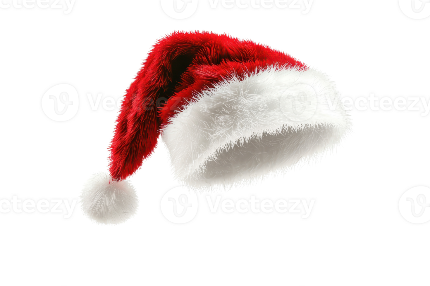 A festive Santa hat featuring a red body with a white fluffy trim and a pom-pom on top. png